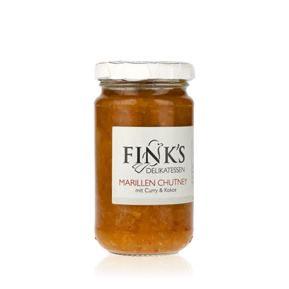 Fink's Delikatessen Marillen Chutney Glas mit Etikett.