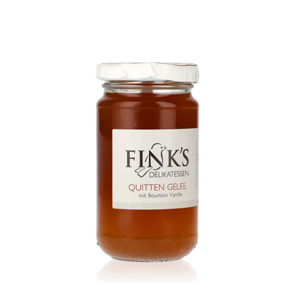 Fink's Delikatessen Quitten Gelee Glas mit Etikett.