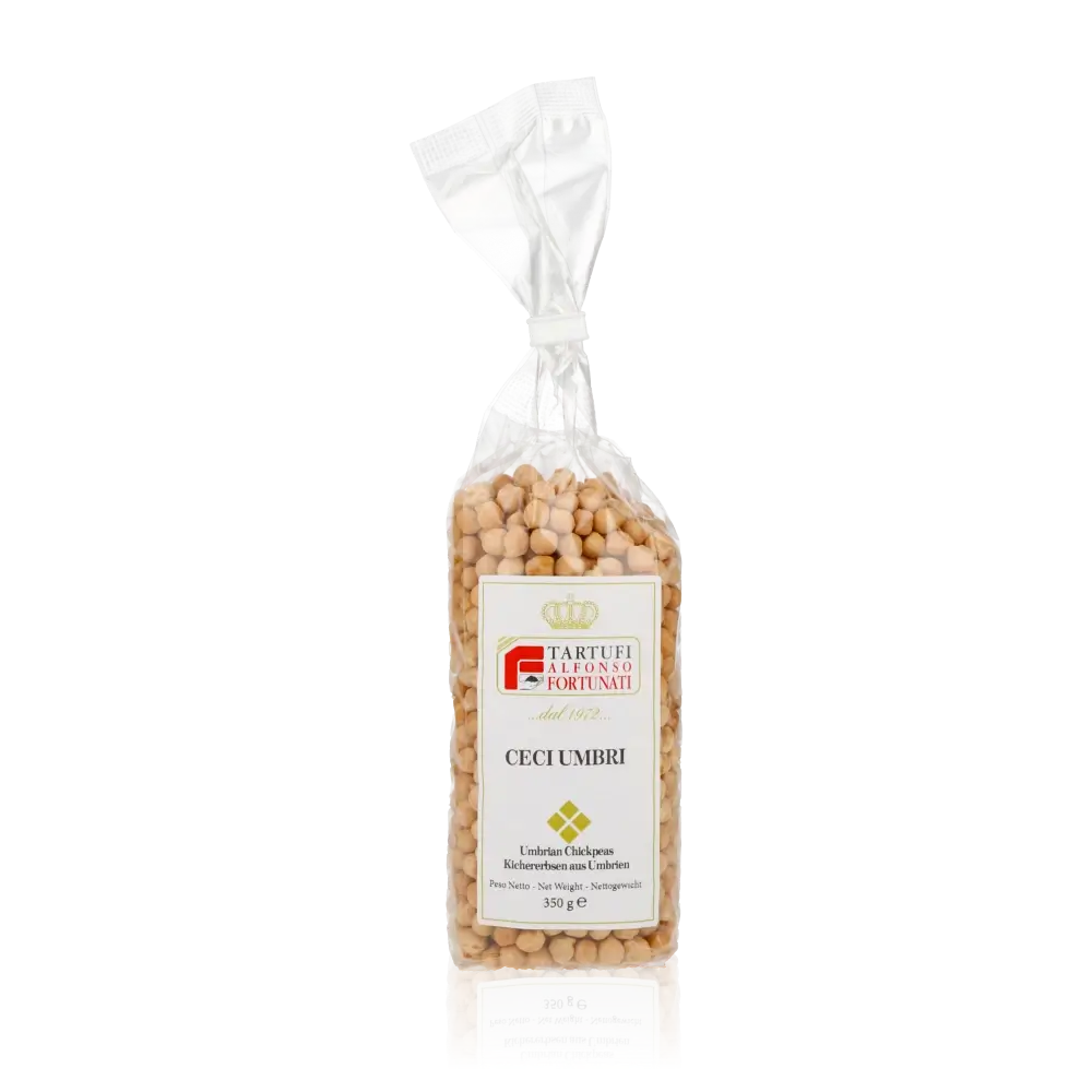 Fortunati umbrische Kichererbsen in durchsichtiger Verpackung.