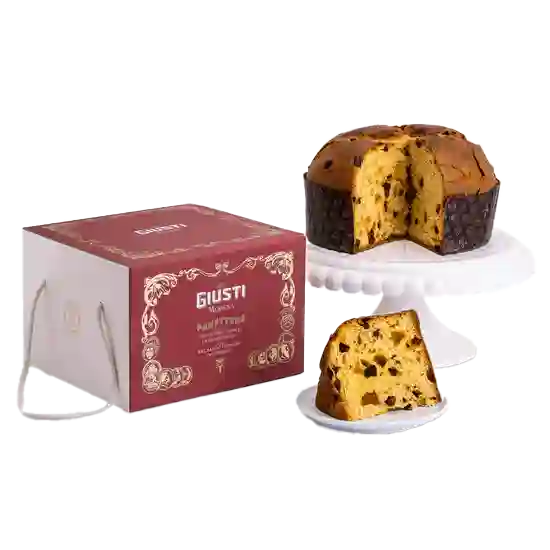 Giusti Panettone mit Aceto Balsamico di Modena mit Verpackung und ohne auf einem Tortenständer