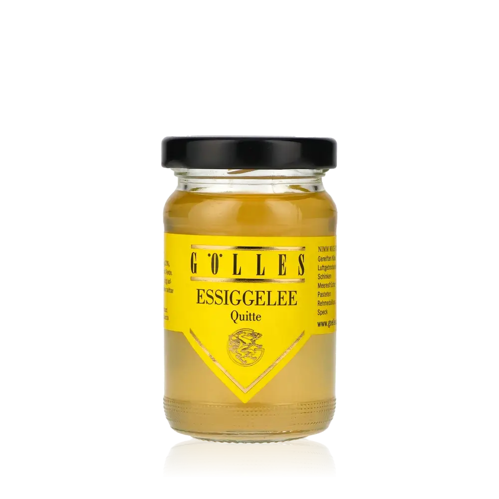 Gölles Essiggelee Quitte im Glas mit gelbem Etikett.