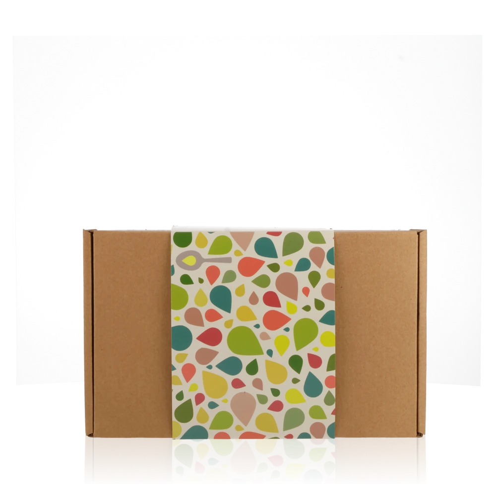 Geschenkkarton S. Verpackung mit buntem Muster. Das Motiv symbolisiert die Vielfalt von Essig und Öl