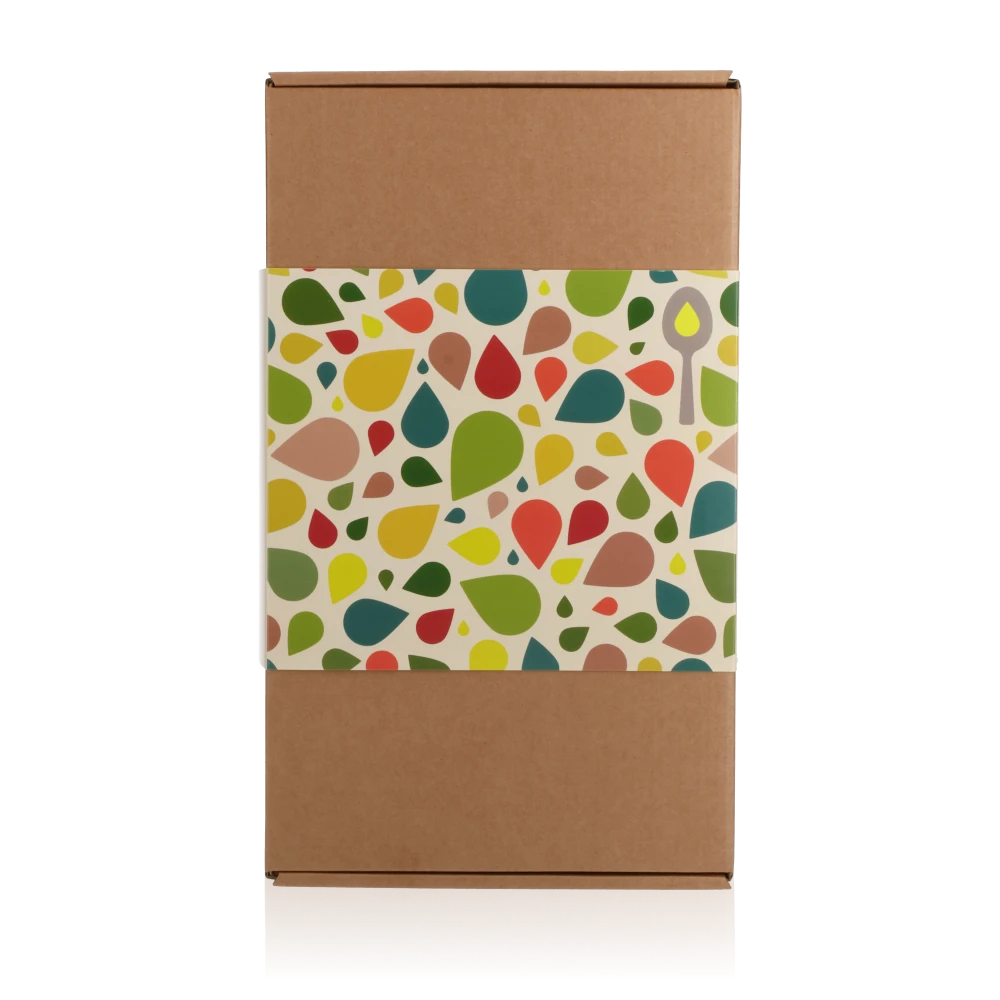 Geschenkkarton M. Verpackung mit buntem Muster, die Essig & Öl Tropfen symobilisieren.