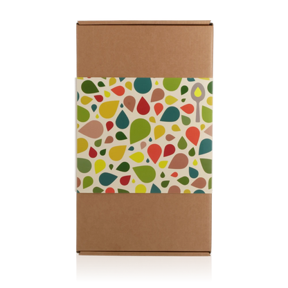 Geschenkkarton M. Verpackung mit buntem Muster, die Essig & Öl Tropfen symobilisieren.