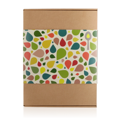 Geschenkkarton L mit buntem Muster. Die Tropfen auf dem Design symbolisieren die Vielfalt von Essig und ÖL.