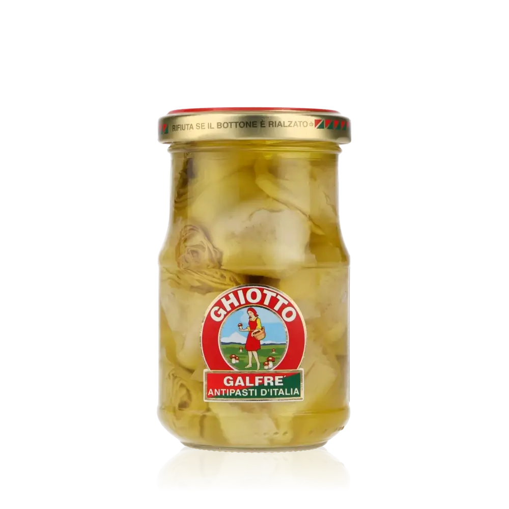 Glas mit Ghiotto Galfre Artischocken, Antipasti d'Italia.