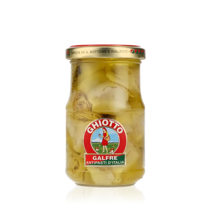 Glas mit Ghiotto Galfre Artischocken, Antipasti d'Italia.