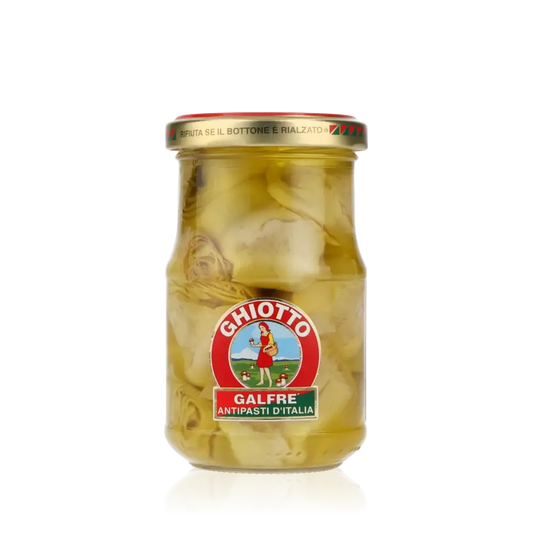 Glas mit Ghiotto Galfre Artischocken, Antipasti d'Italia.