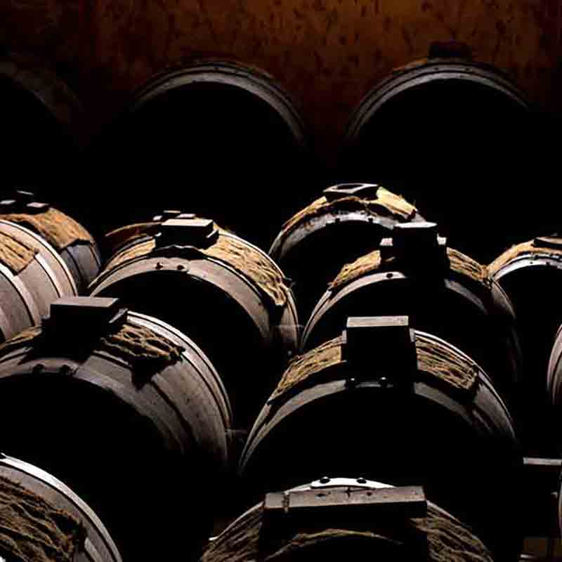 Holzfässer in dunklem Raum, Giusti Markenname sichtbar.