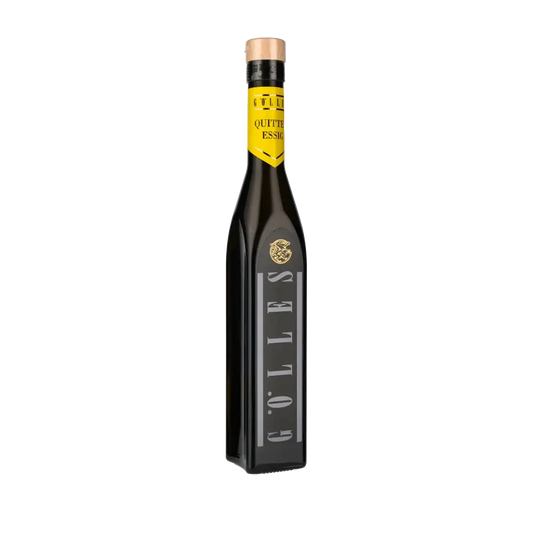 Gölles Quittenessig Flasche, 250ml, schwarzes Design, gelbes Etikett.