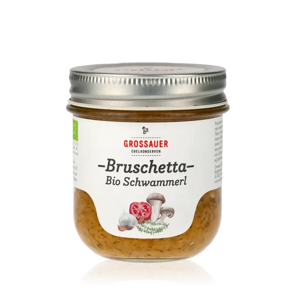 Grossauer Bio Schwammerl Bruschetta im Glas mit Etikett.