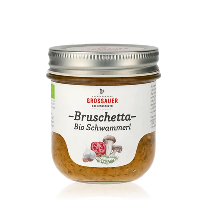 Grossauer Bio Schwammerl Bruschetta im Glas mit Etikett.