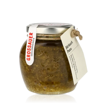 Glas Bärlauch Pesto von Grossauer Edelkonserven mit Etikett.
