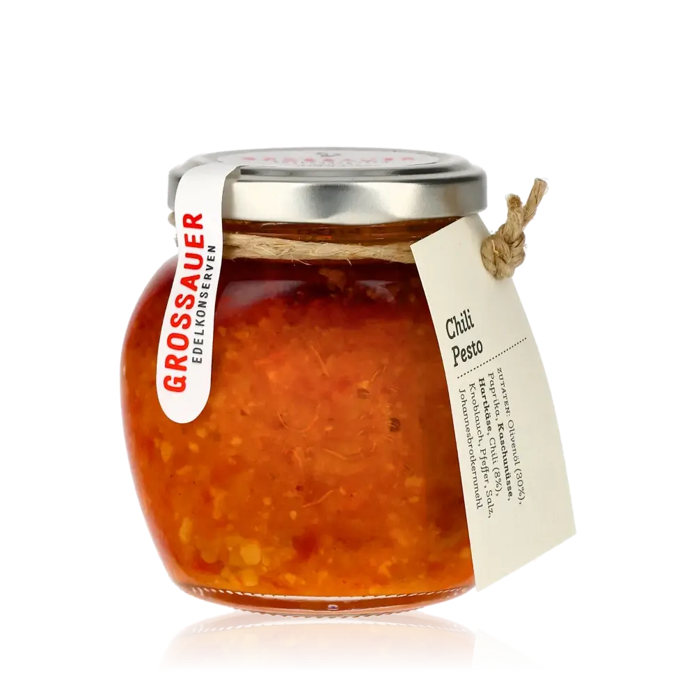 Grossauer Edelkonserven Chili Pesto Glas mit Etikett.