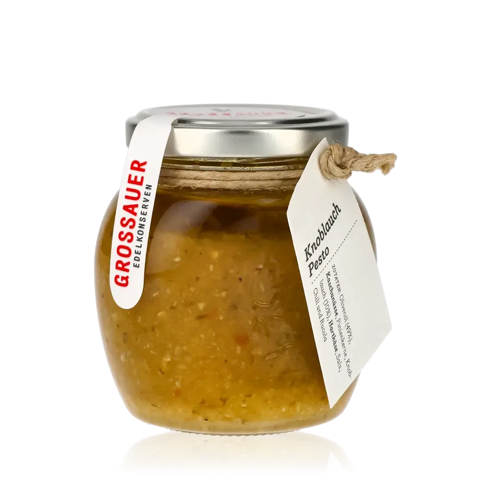 Grossauer Edelkonserven Knoblauch Pesto im Glas mit Etikett.