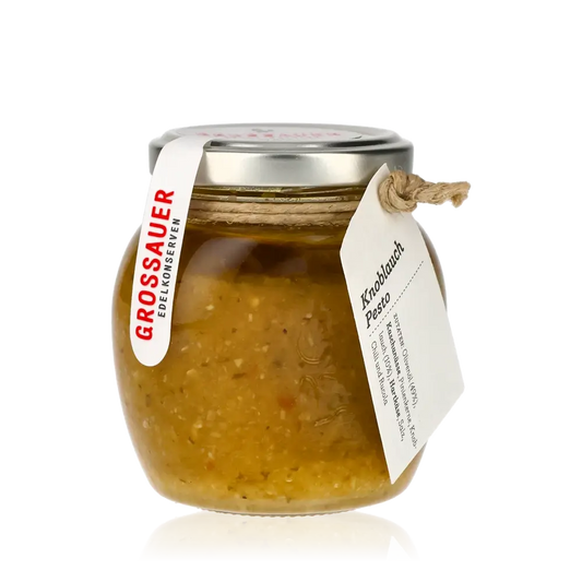 Grossauer Edelkonserven Knoblauch Pesto im Glas mit Etikett.