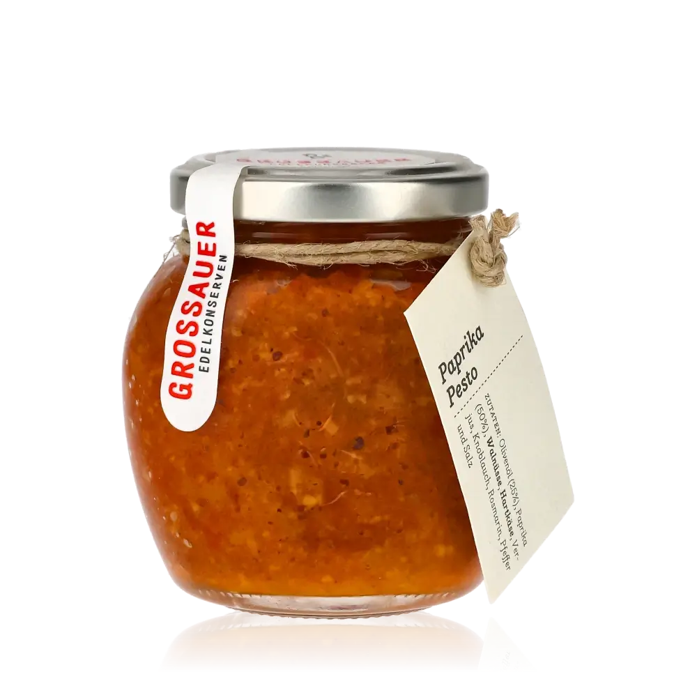 Grossauer Paprika Pesto im Glas mit Etikett.