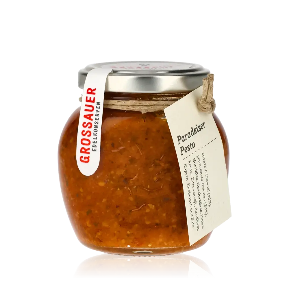 Grossauer Paradeiser Pesto im Glas mit Etikett.