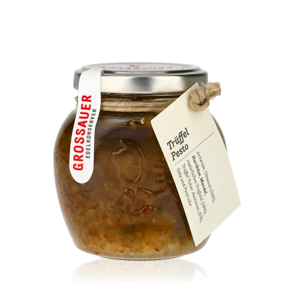 Grossauer Trüffel Pesto im Glas mit Etikett.