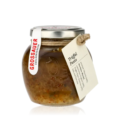 Grossauer Trüffel Pesto im Glas mit Etikett.