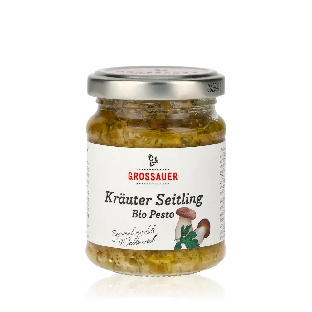 Glas Kräuter Seitling Bio Pesto von Grossauer.