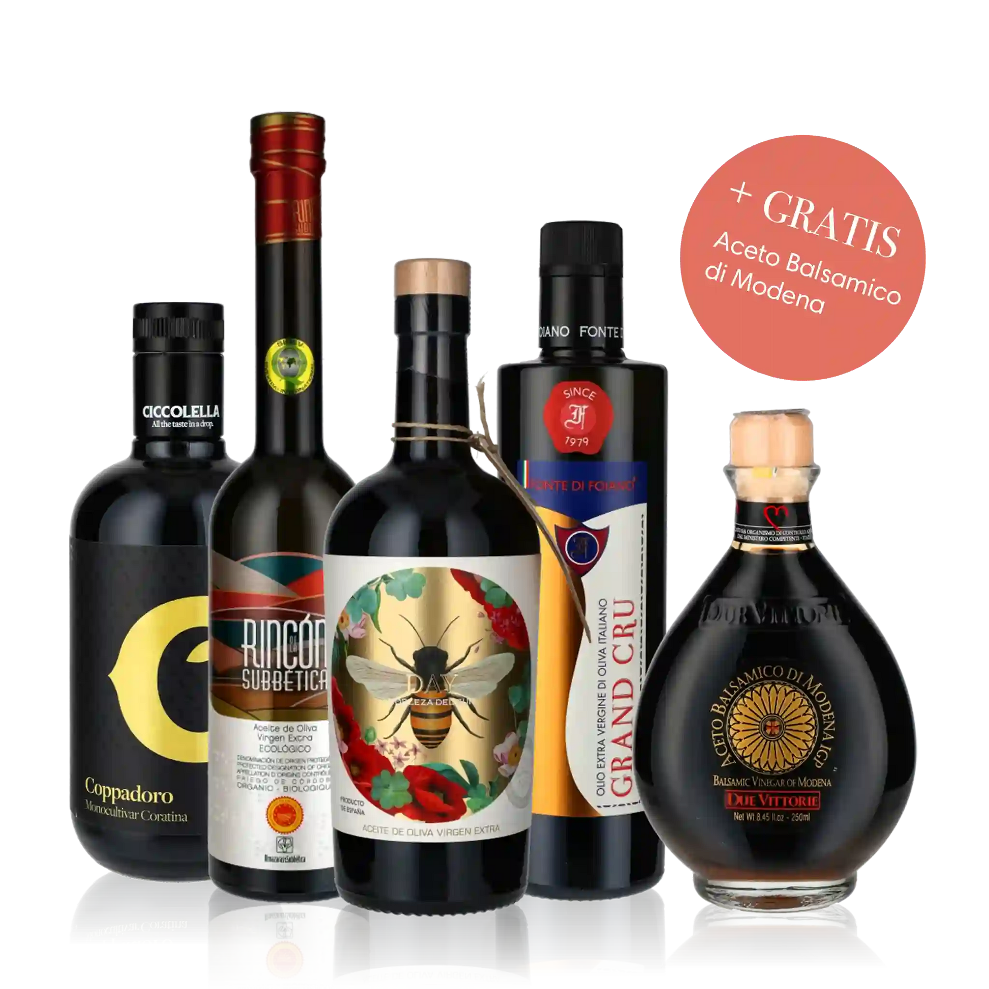 Olivenöl-Set mit Balsamico-Essig, verschiedene Markenflaschen.