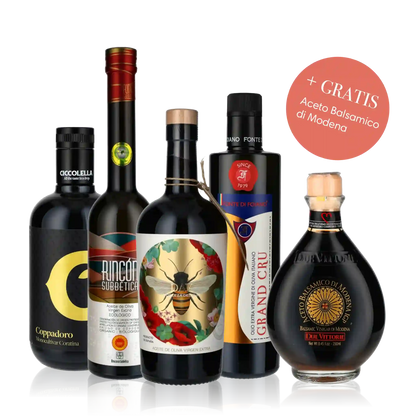 Olivenöl-Set mit Balsamico-Essig, verschiedene Markenflaschen.