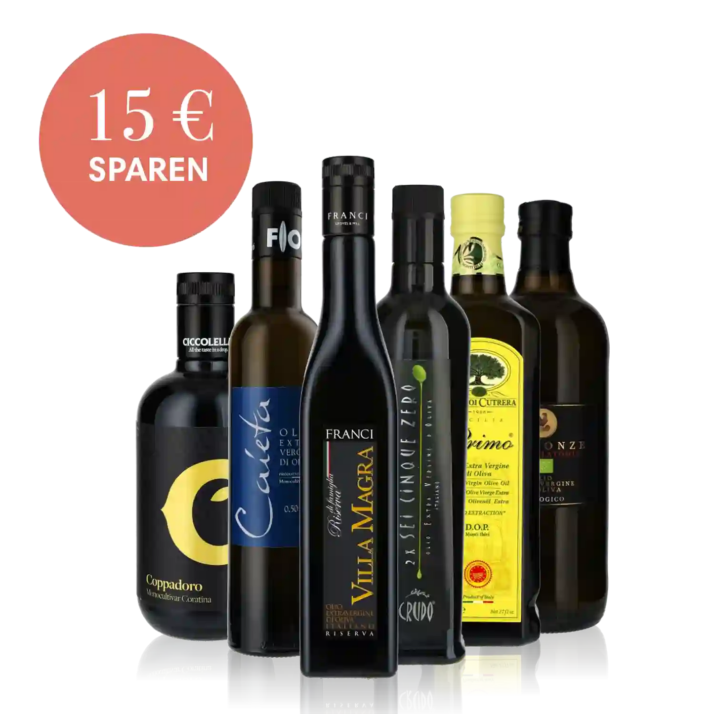 Sechs Flaschen Olivenöl und Essig mit Rabattangebot.