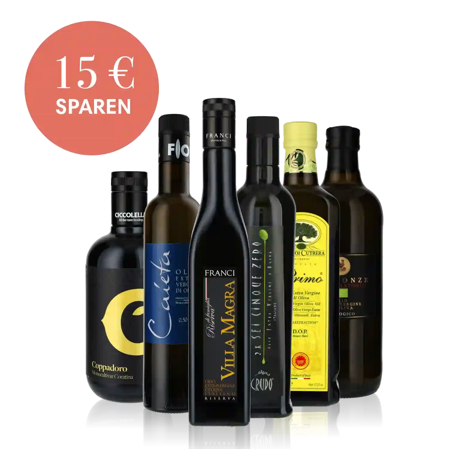 Sechs Flaschen Olivenöl und Essig mit Rabattangebot.