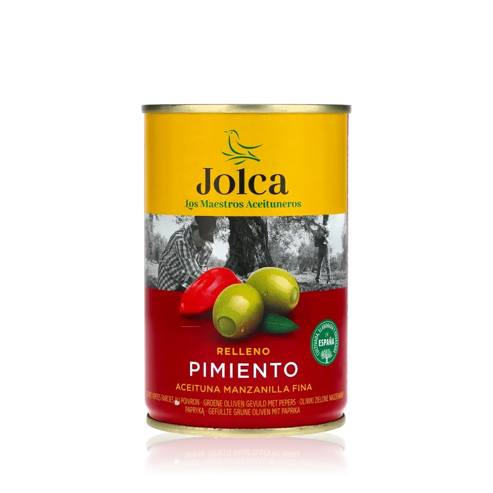 Jolca Oliven gefüllt mit Paprika, Manzanilla Spanien Antipasti.