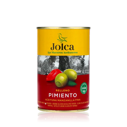 Jolca Oliven gefüllt mit Paprika, Manzanilla Spanien Antipasti.