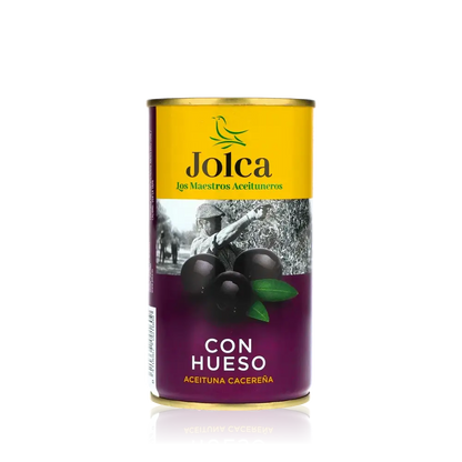 Jolca schwarze Oliven mit Stein, spanische Delikatesse.