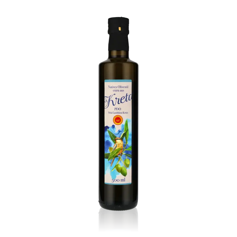 Flasche Kreta Olivenöl 500 ml mit Etikett.