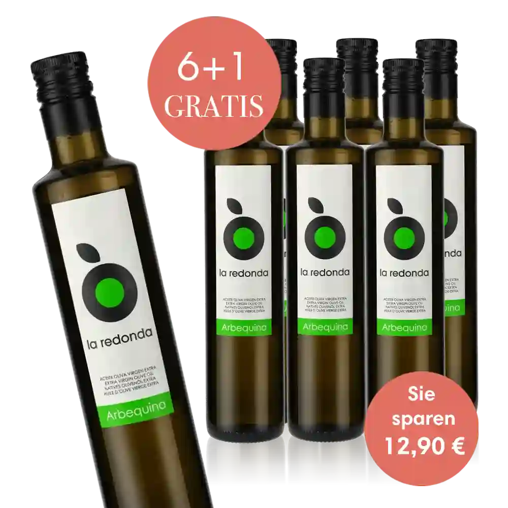 Sechs Flaschen La Redonda Olivenöl mit Gratisangebot.