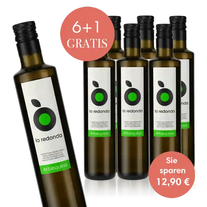 Sechs Flaschen La Redonda Olivenöl mit Gratisangebot.