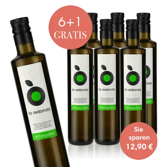 Sechs Flaschen La Redonda Olivenöl mit Gratisangebot.