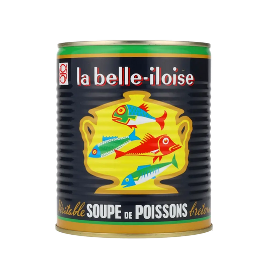 La belle-iloise Fischsuppe Dose mit buntem Fischdesign.
