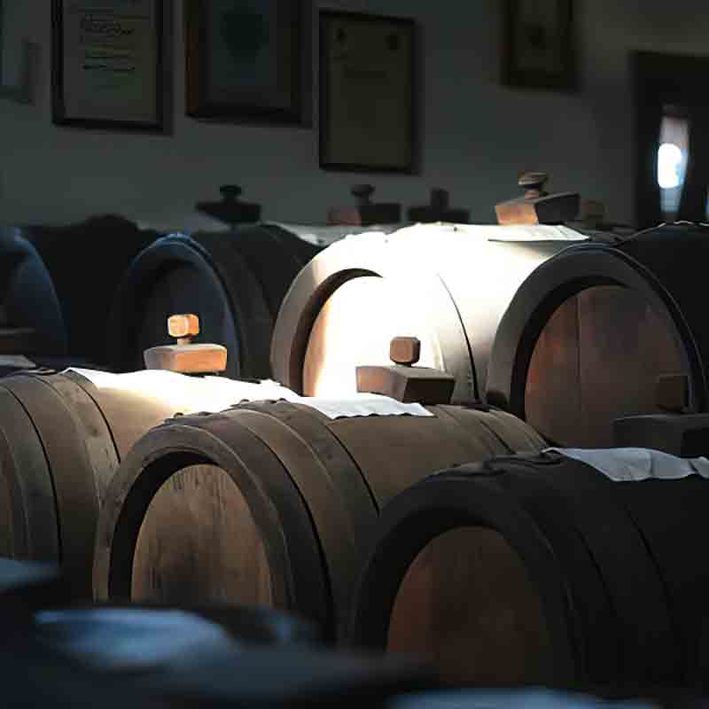 Holzfässer in dunklem Raum, vermutlich für Essigproduktion.