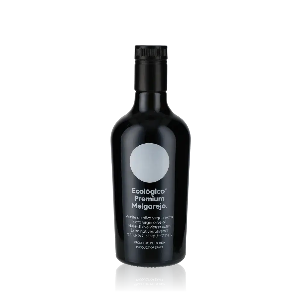 Olivenölflasche Melgarejo Ecologico Premium, schwarze Verpackung, 500ml.