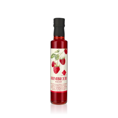 Murani Himbeer Balsamessig Flasche mit Himbeeren auf Etikett.