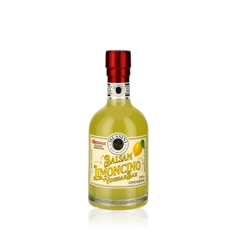 Mussini Balsam Limoncino Essigflasche vor schwarzem Hintergrund.