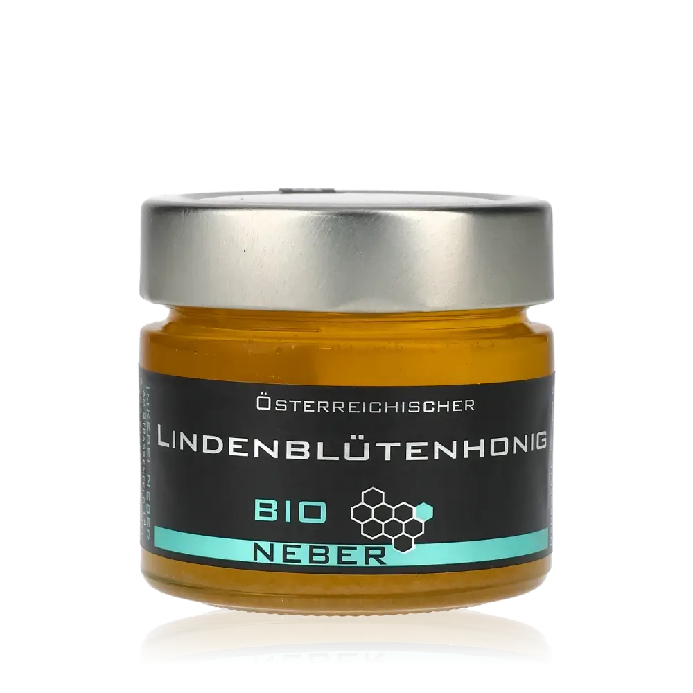 Neber Bio Lindenblütenhonig Glas mit schwarzem Etikett.