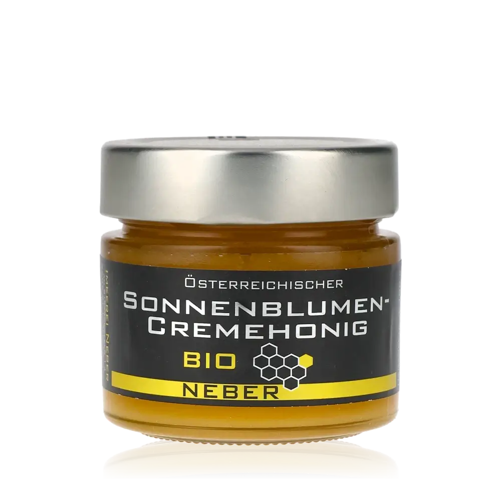 Neber Bio Sonnenblumencremehonig Glas mit schwarzem Etikett.