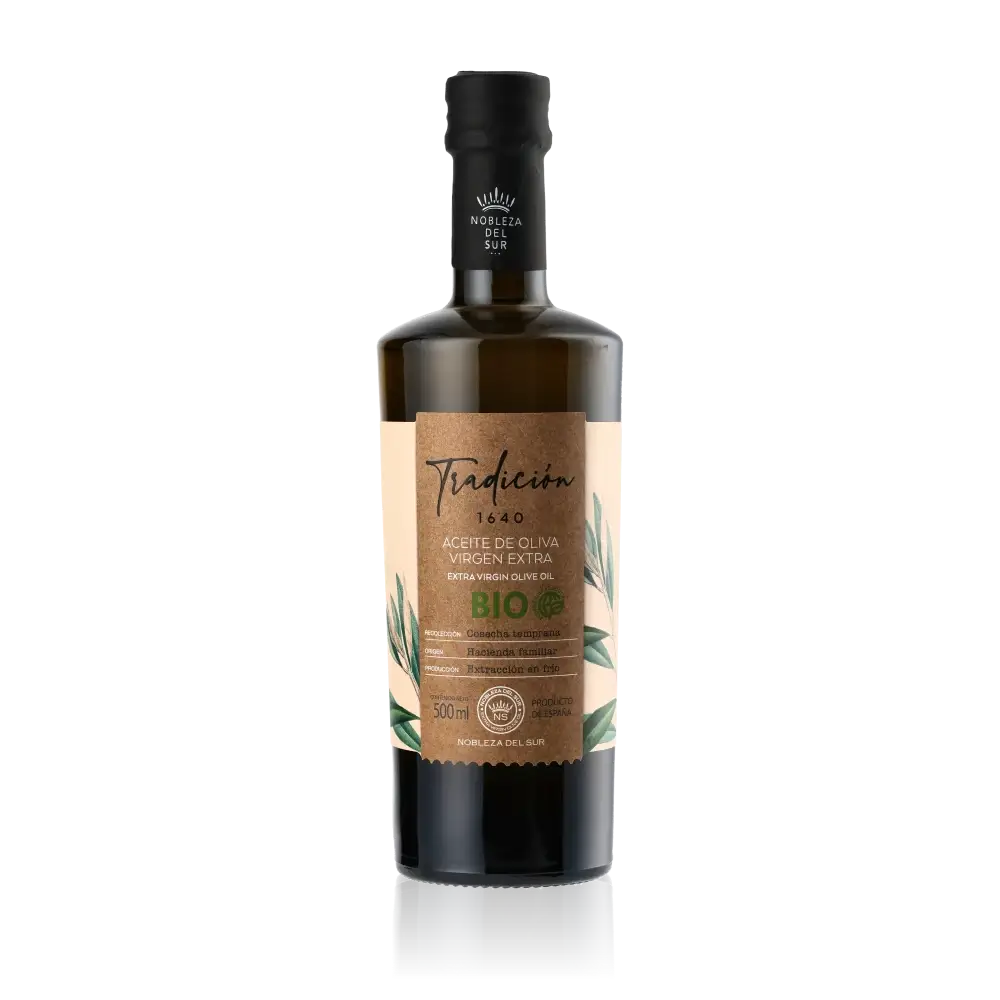 Nobleza del Sur Olivenölflasche mit Etikett und Logo.