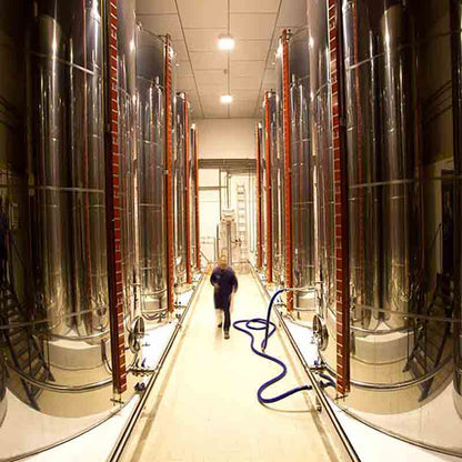 Moderne Produktionsanlage mit sauberen Zisternen, die das Olivenöl lagern.