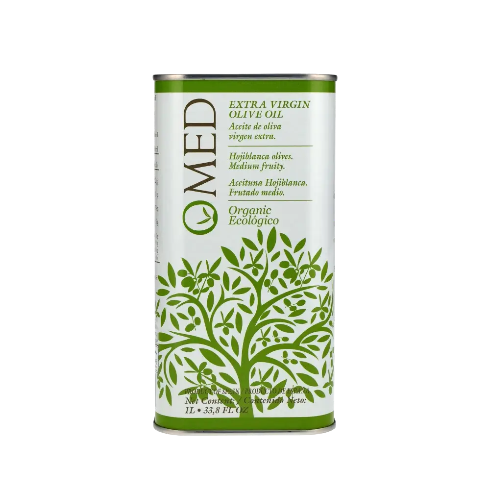 O-MED Hojiblanca Bio Olivenöl Dose mit grünem Design.
