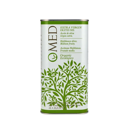 O-MED Hojiblanca Bio Olivenöl Dose mit grünem Design.
