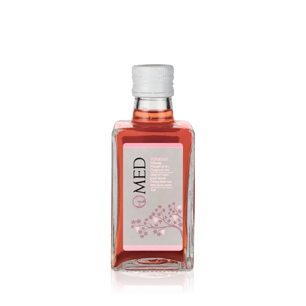 O-MED Rosé Essig Flasche mit Etikett und Verschluss.