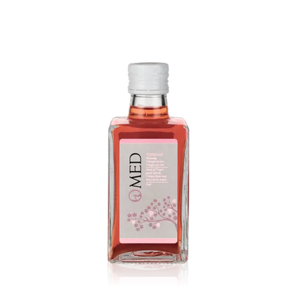 O-MED Rosé Essig Flasche mit Etikett und Verschluss.
