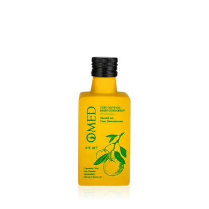 O-MED Yuzu Olivenölflasche mit gelbem Etikett.